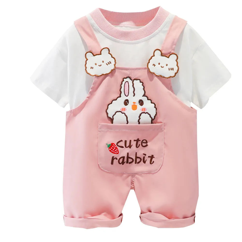 Yellow cartoon print short-sleeved baby overalls with adjustable straps on a hanger.
