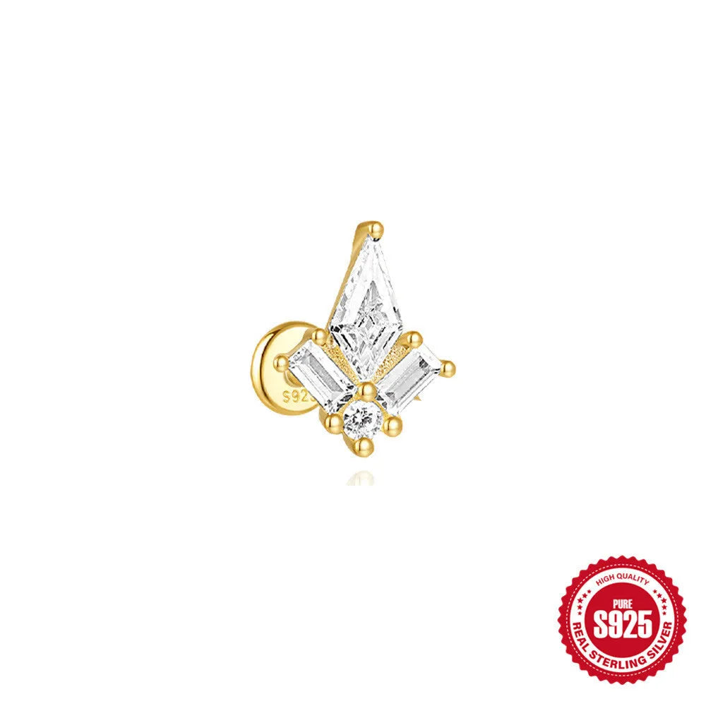 S925 sterling silver geometric kite earrings with a rhinestone-encrusted chain tassel, flat head stud design.