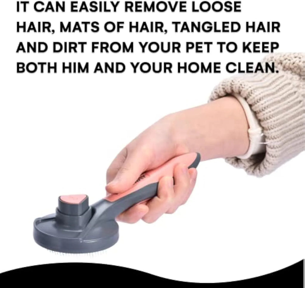 Grey self-cleaning slicker brush for pet grooming on a white background.
