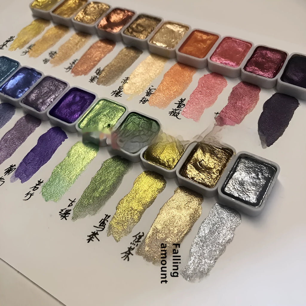 Traditional Chinese painting mineral pearlescent watercolour set showing tubes and palettes.