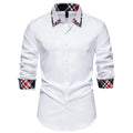 Men's blue, black, and white plaid long sleeve shirt with a contrasting triangle collar.