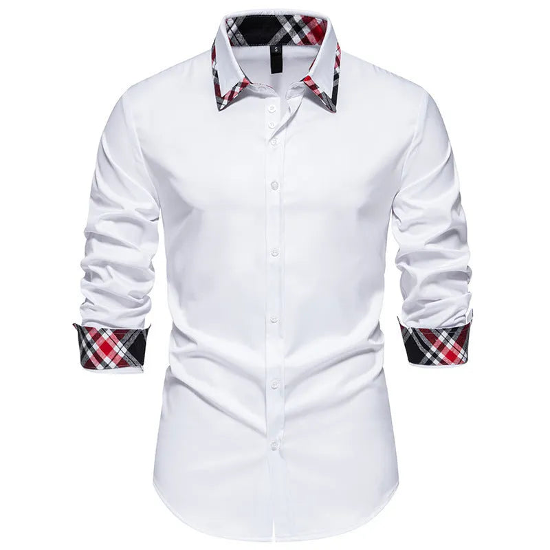 Men's blue, black, and white plaid long sleeve shirt with a contrasting triangle collar.