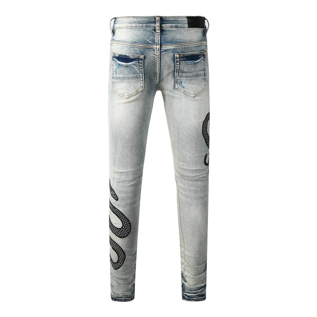8934Blue distressed wash skinny jeans with micro elasticity and button fly opening