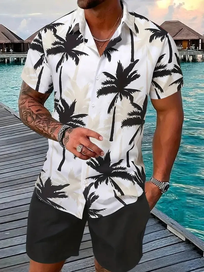Men's 3D printed Hawaiian style short sleeve lounge suit with matching shorts on a mannequin