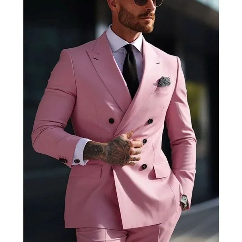 Man modelling a slim fit grey two-piece Korean style business suit.