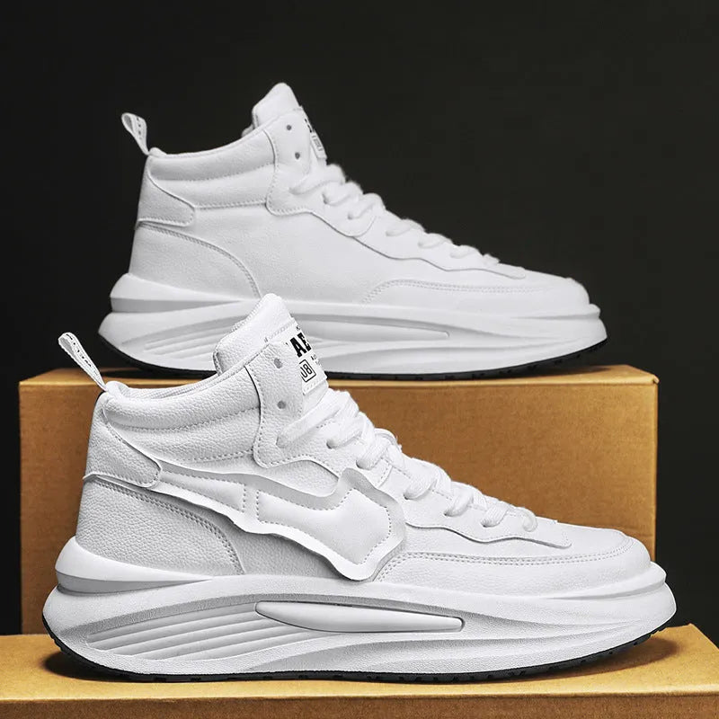 Men's black and white high-top platform board shoes with round toe and PU upper