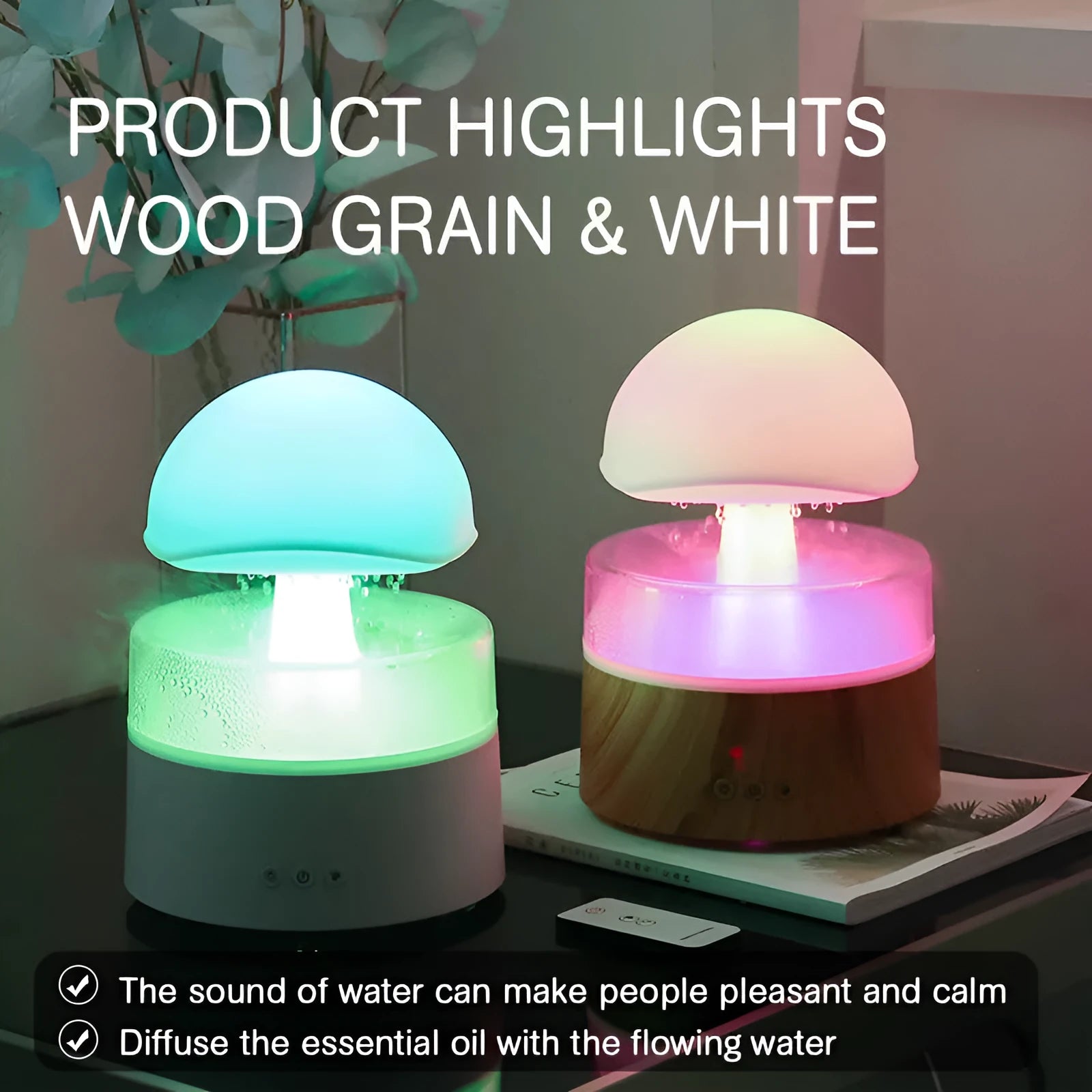 White cloud-shaped humidifier emitting mist with multi-coloured lighting and remote control