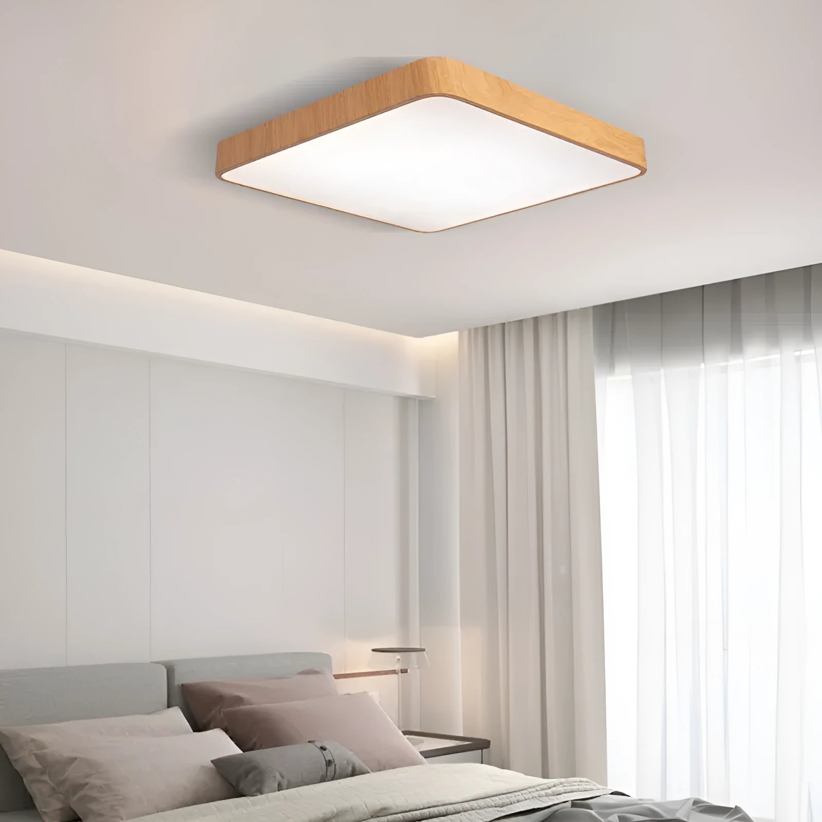 Square Nordic wood grain LED wall light in modern design with three colour temperature options