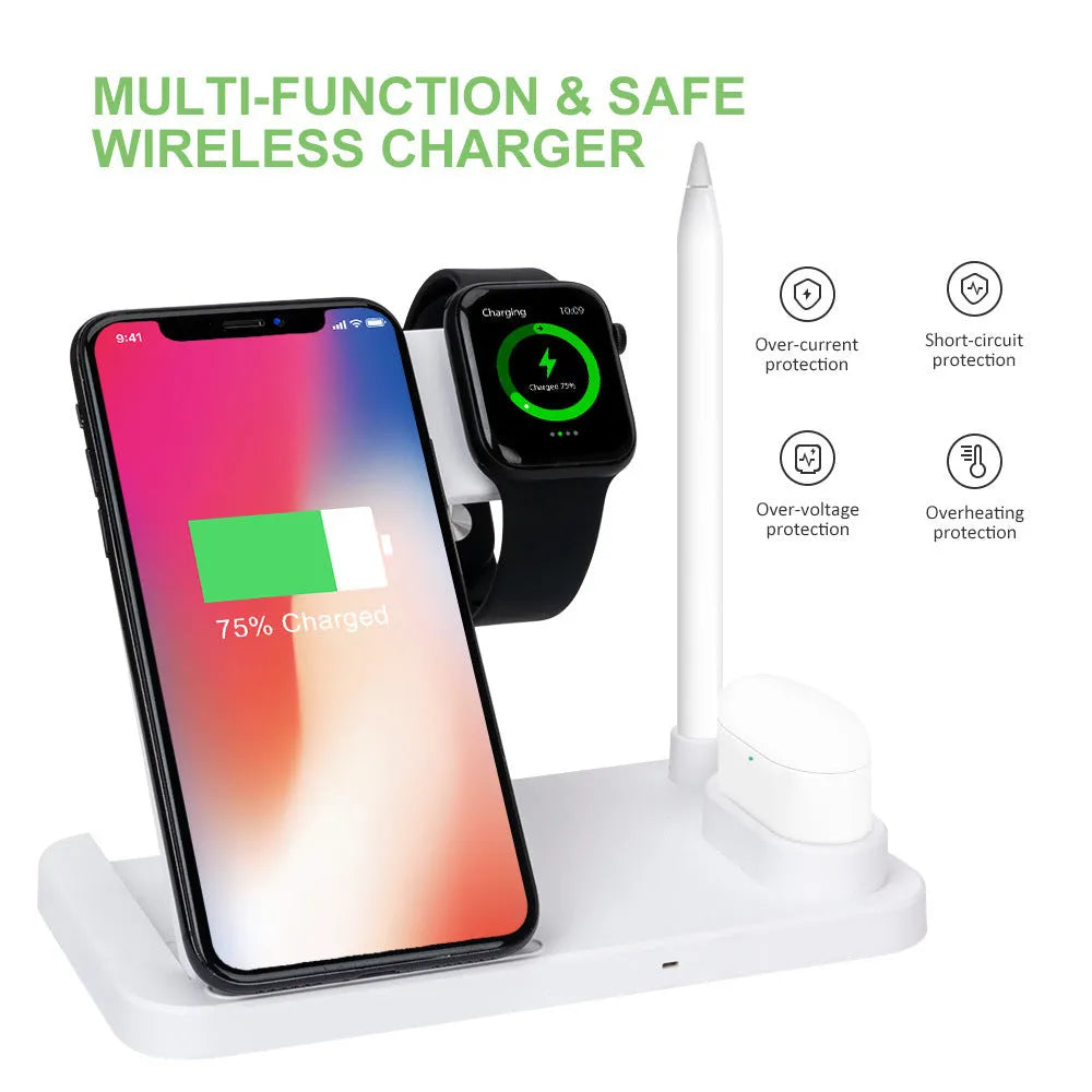 Folding 4-in-1 wireless charger in space grey, shown open as a vertical stand and closed for travel.
