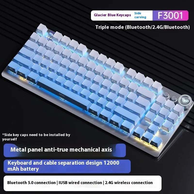 Wireless mechanical keyboard with side-engraved keycaps and metal casing showing triple-mode connectivity options