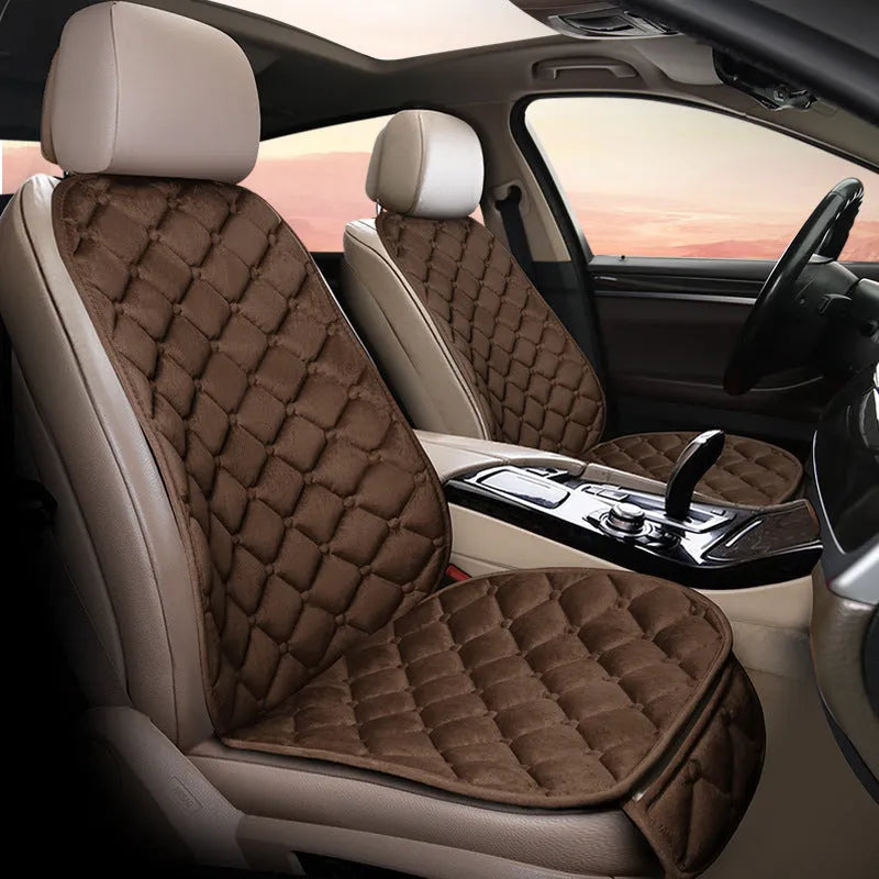 Cotton ringer plush car seat cushion in burgundy colour on a car seat.