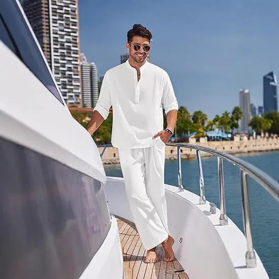 Men's cotton casual trousers suit two-piece set in solid colour with long sleeves