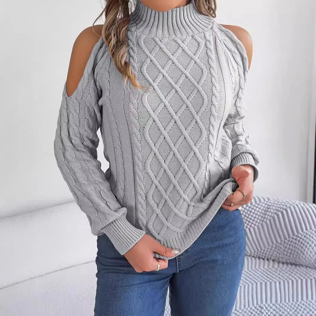 Gray women's twisted knit strapless sweater with half-high collar and long lantern sleeves