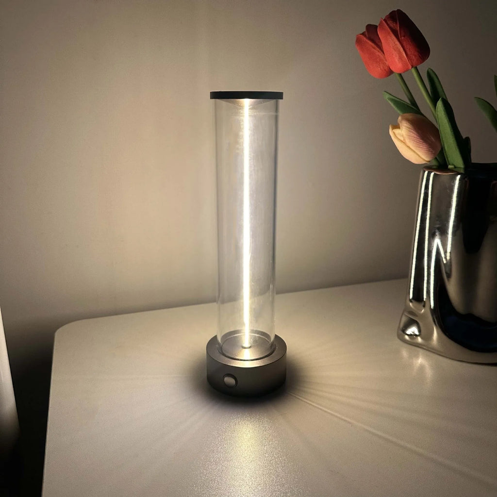 Modern rectangular LED light strip with frosted glass panel, shown with USB cable for charging.