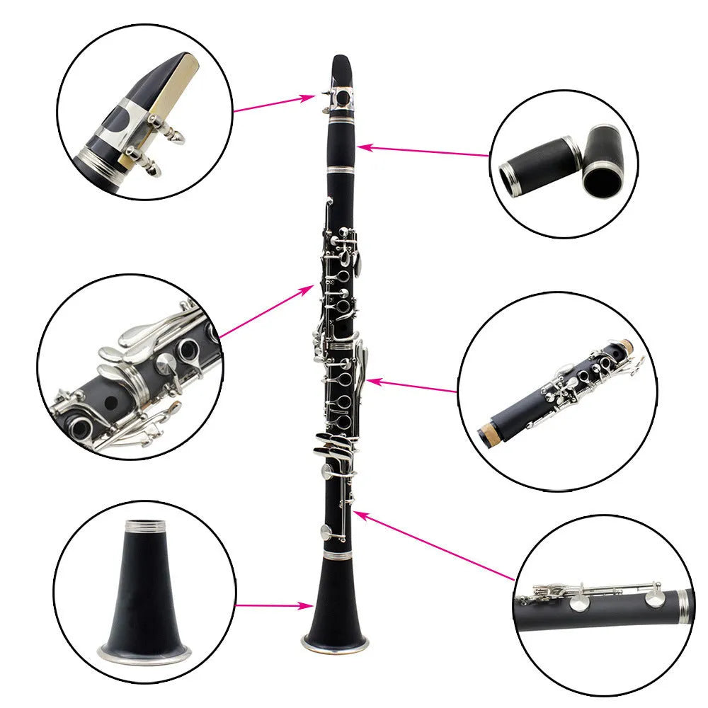 Black Bakelite beginner clarinet with nickel-plated keys beside its included carry bag