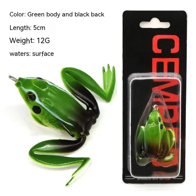 Bionic thunder frog snake head fishing lure with double hooks in grass green and black yellow dots colours