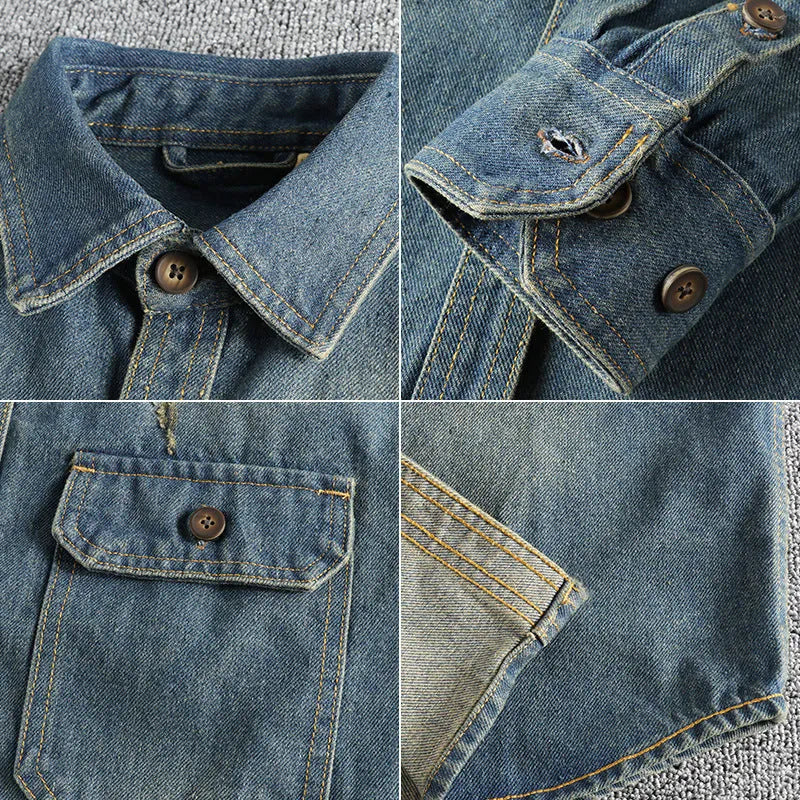 Men's light blue vintage wash denim shirt with loose fit and long sleeves on hanger