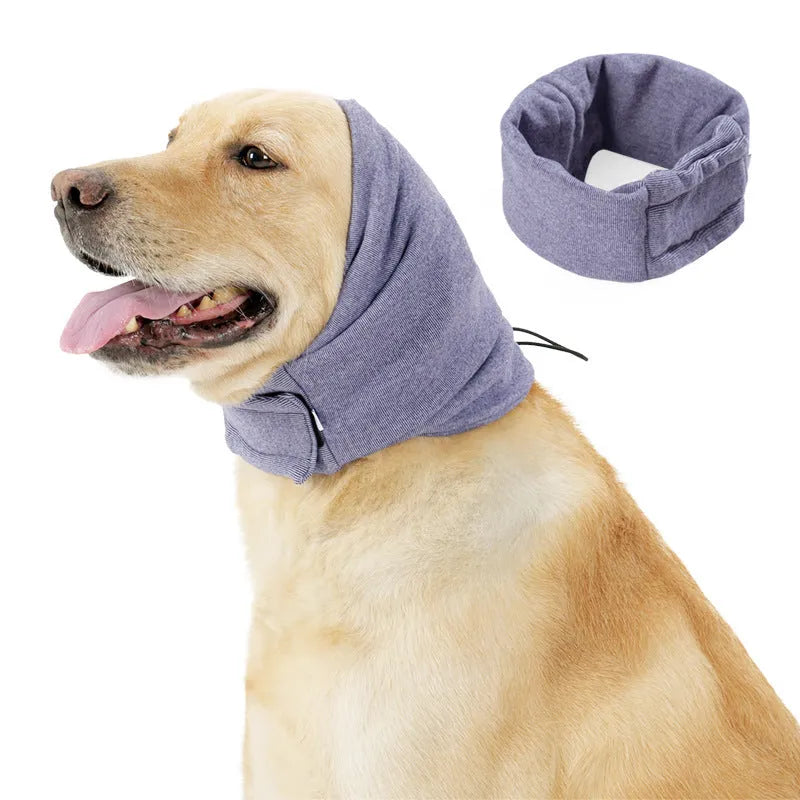 Black dog calming hoodie with ear covers on a pet, showing its multi-purpose use as a head warp and scarf.