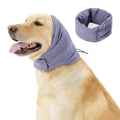 Black dog calming hoodie with ear covers on a pet, showing its multi-purpose use as a head warp and scarf.