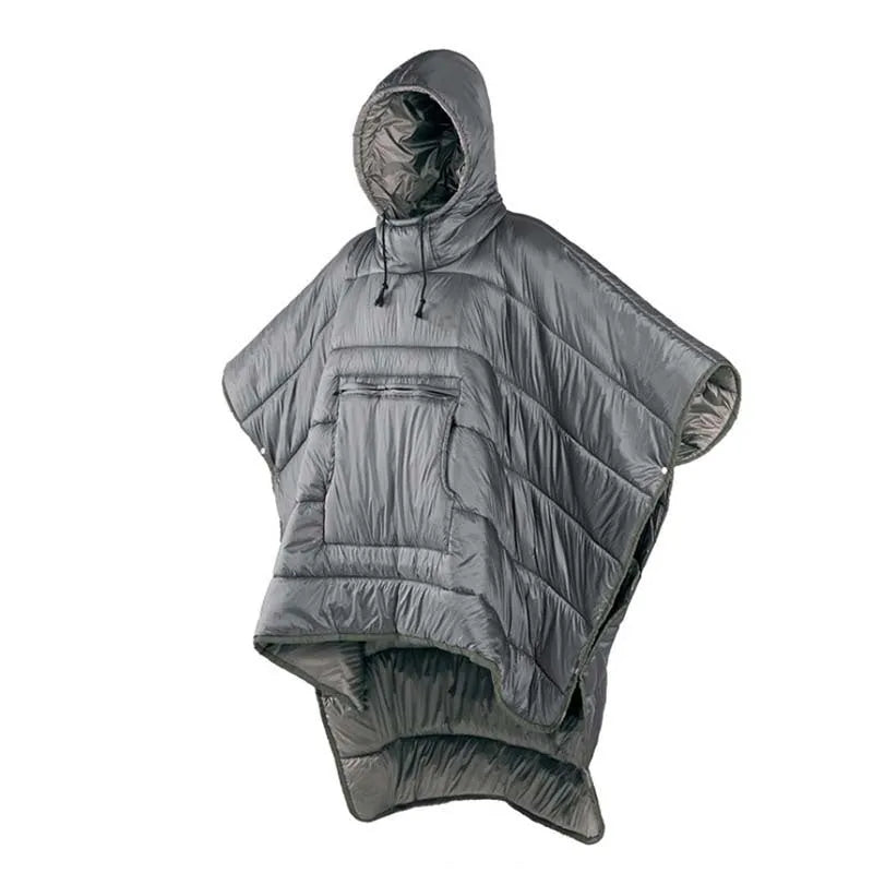 Army green outdoor cloak sleeping bag with wearable design shown in both cloak and sleeping bag configurations