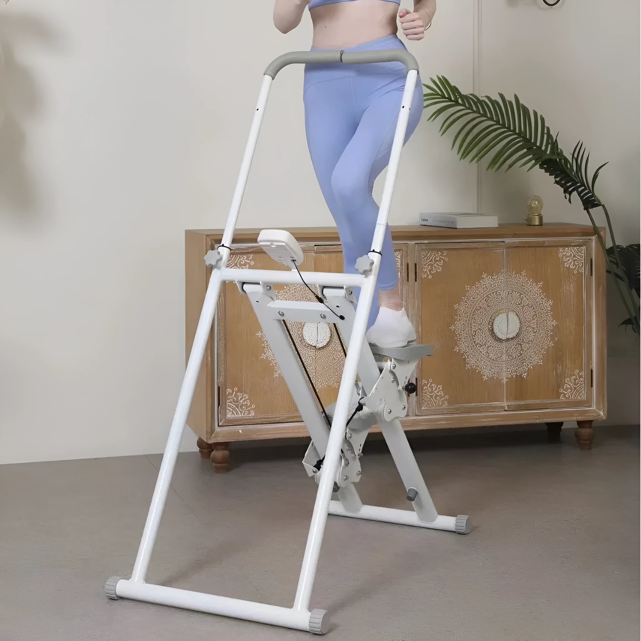 White foldable treadmill and climbing machine combo for home fitness equipment