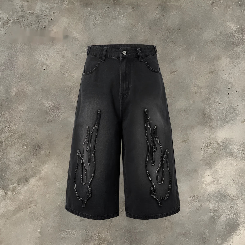 Men's black denim shorts with flame embroidery patch decoration and straight cut cropped design
