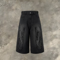 Men's black denim shorts with flame embroidery patch decoration and straight cut cropped design