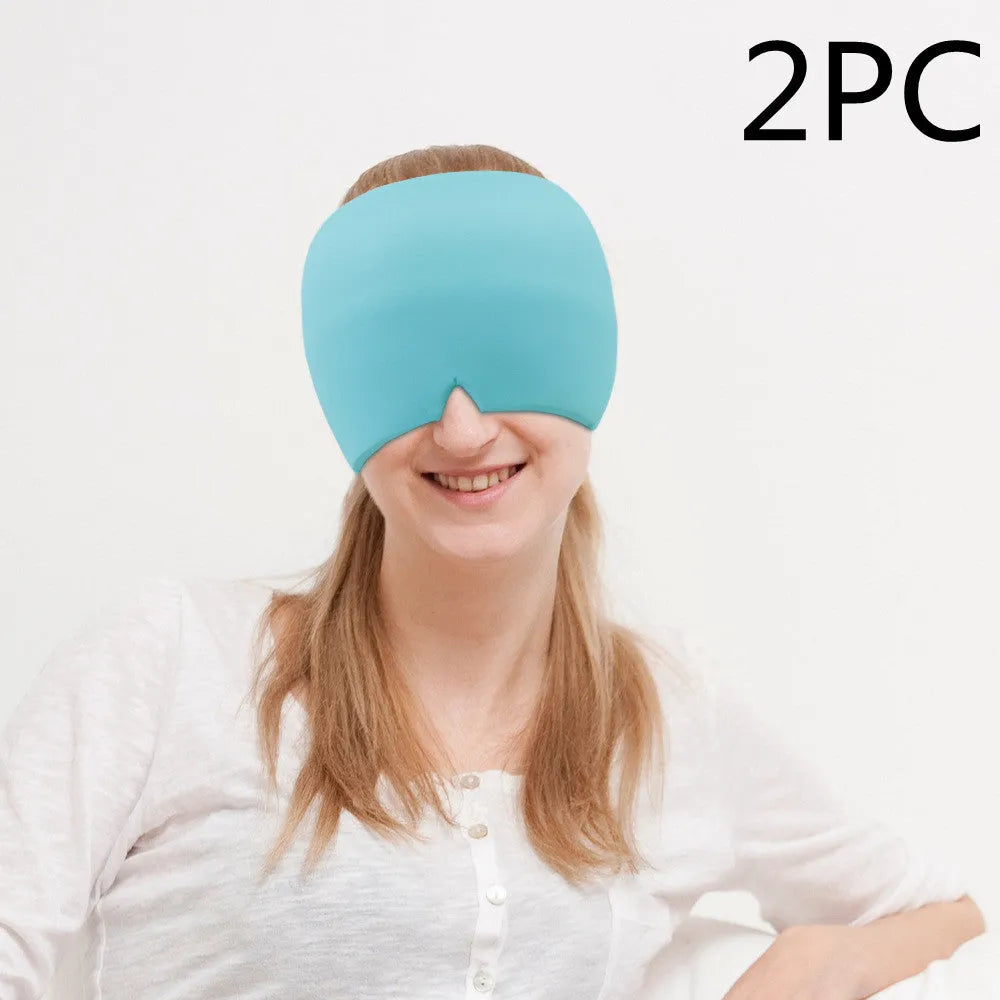 Black elastic cloth gel cooling eye mask for headache relief, shown with adjustable strap.