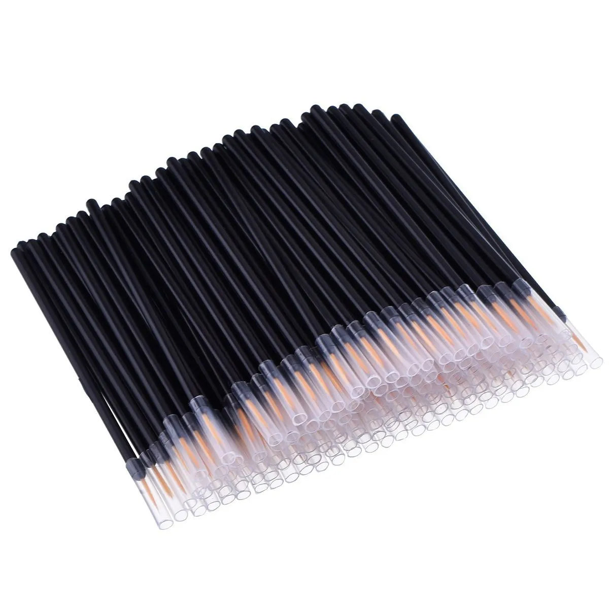 100 disposable black eyeliner brushes with ultra-fine point applicators and protective plastic sleeves