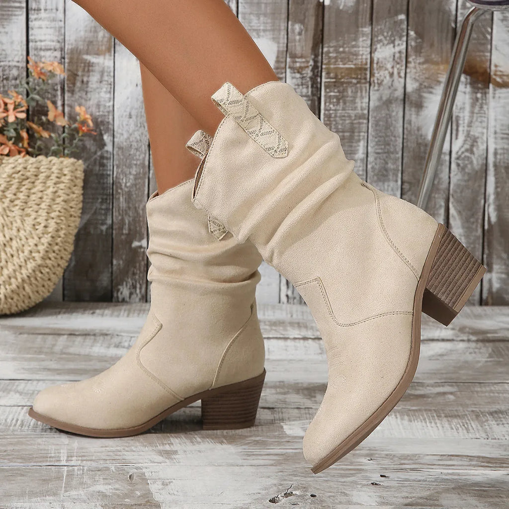 Women's mid-calf suede boots in milky white with 3-5cm heel and rubber sole