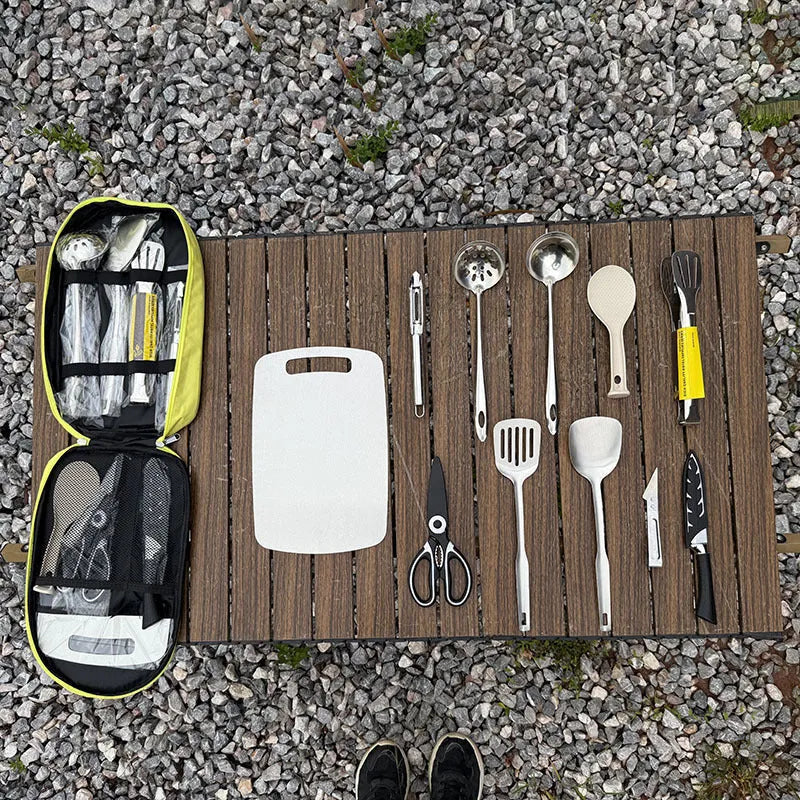 12-piece stainless steel portable kitchenware set with storage bag in khaki, green or brown colours