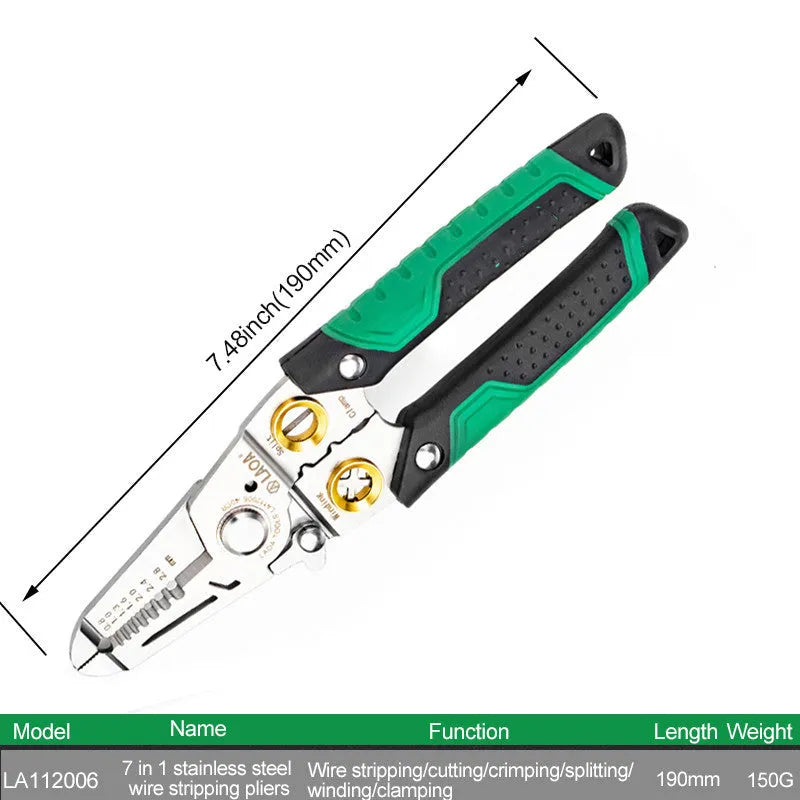 Stainless steel multifunctional wire stripper with two-colour ABS handle, showing seven different wire stripping ports.