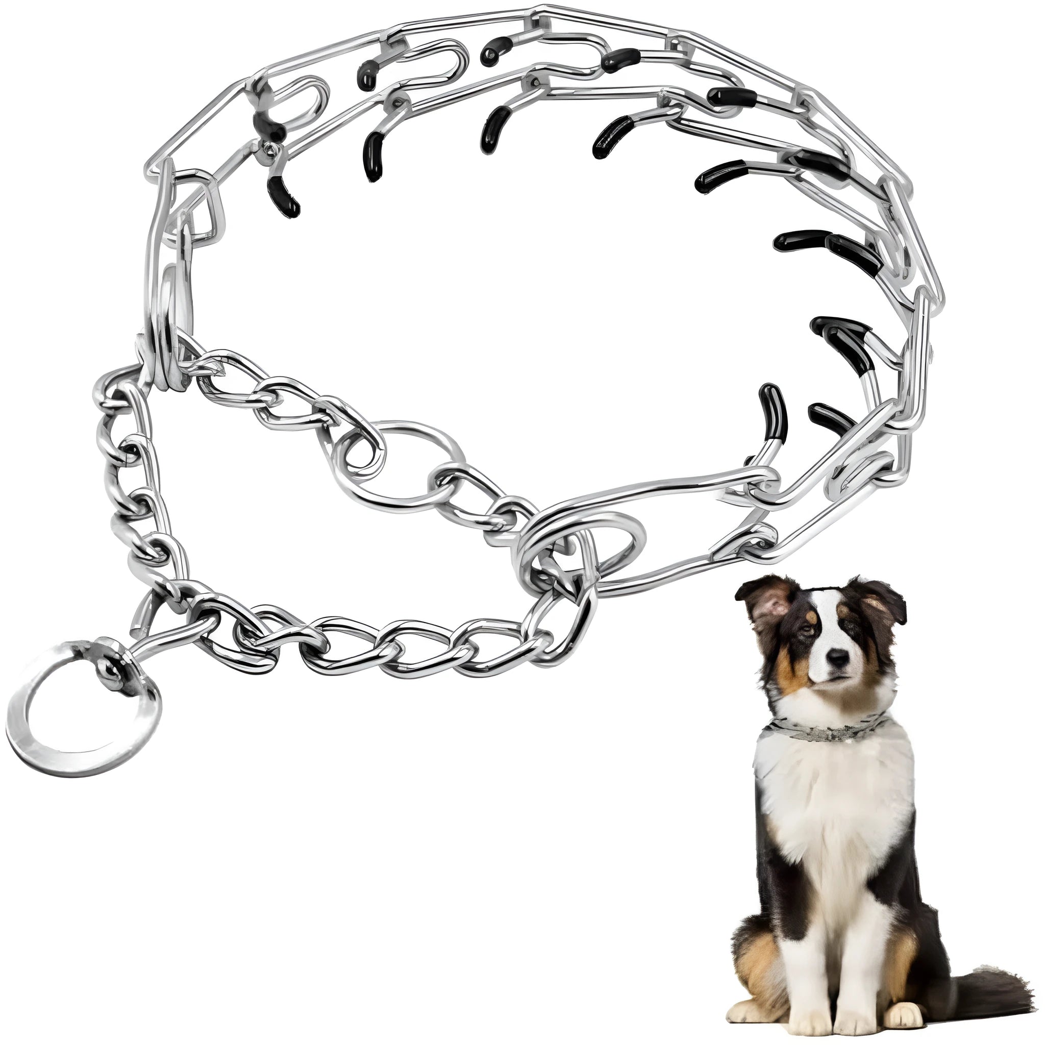 Stainless steel dog training prong collar with comfort rubber tips and adjustable links