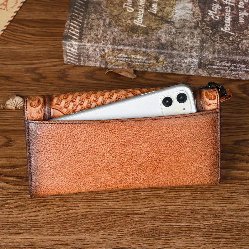 Chinese style embossed tri-fold wallet in first layer cowhide genuine leather with floral pattern