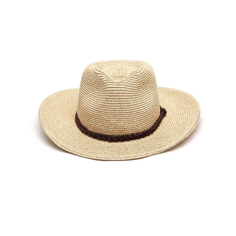 Men's foldable straw sun hat with wide brim shown in natural beige colour