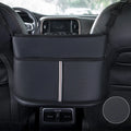 Black leather car seat storage bag with sports carbon fibre pattern measuring 38x24x15cm