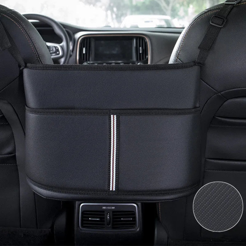 Black leather car seat storage bag with sports carbon fibre pattern measuring 38x24x15cm