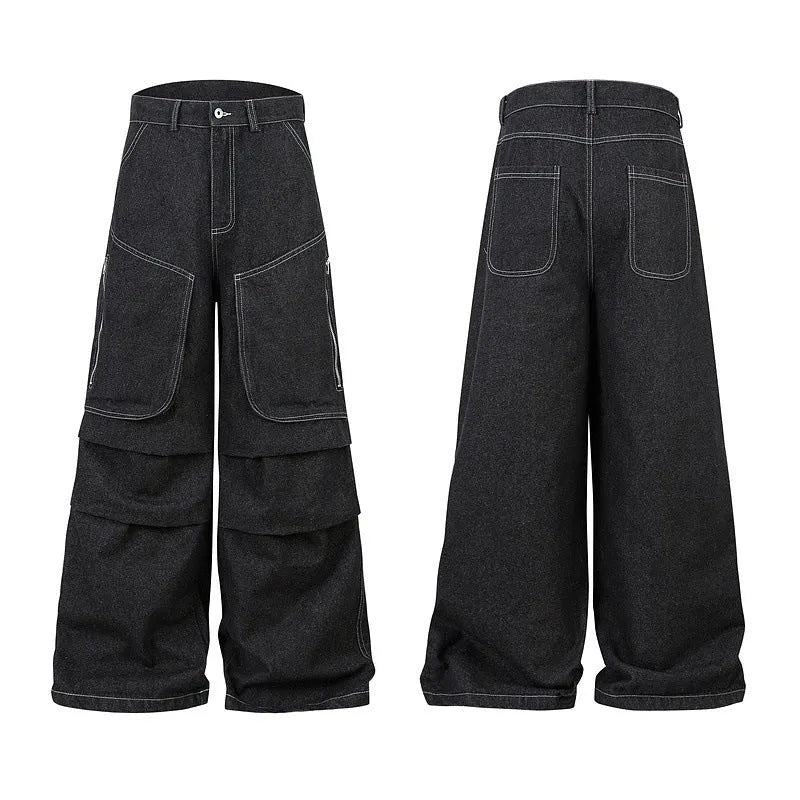 Black pleated mid-waist cotton denim jeans with multi-pocket workwear style on a hanger.