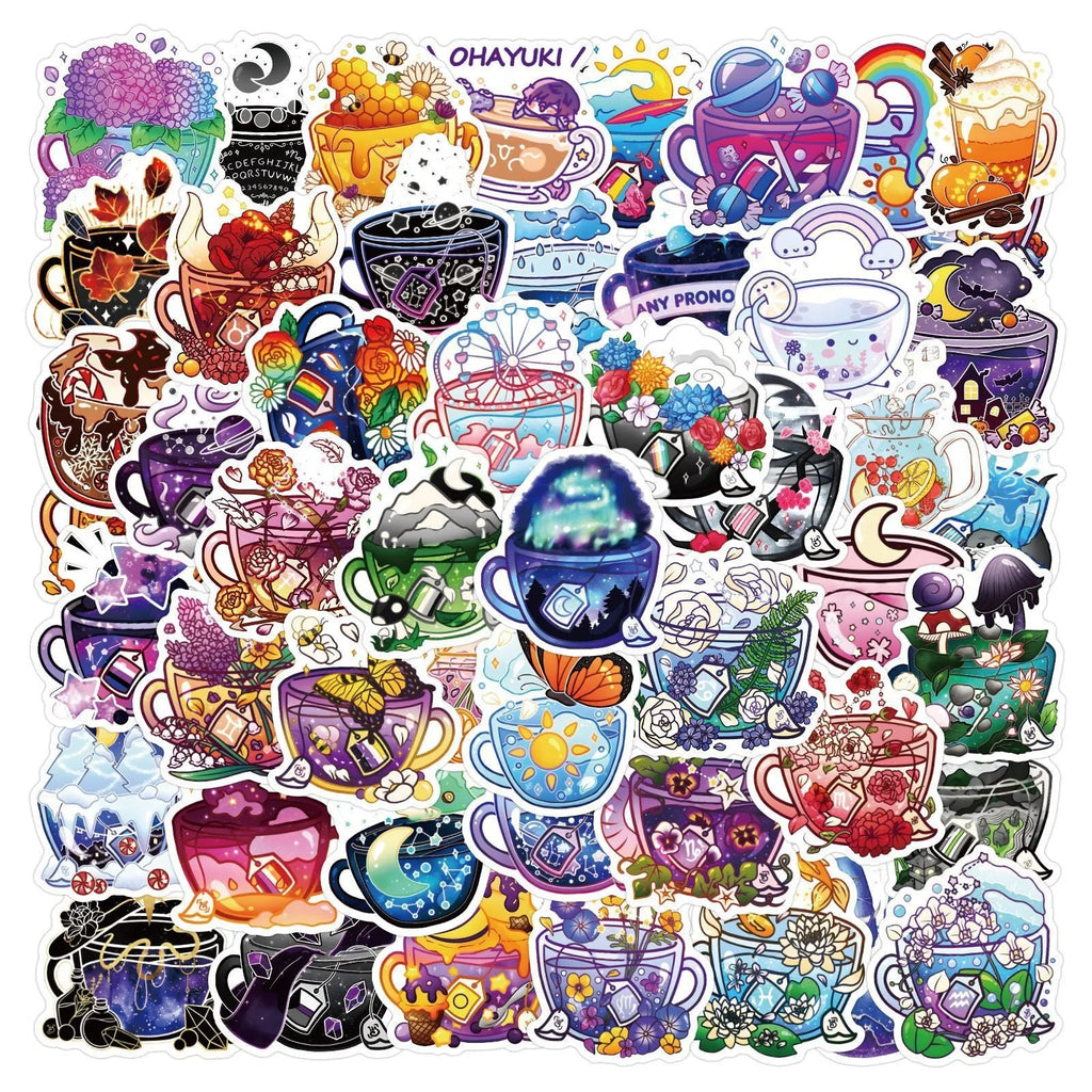 50 colourful tea cup graffiti waterproof stickers with Nordic style design for DIY luggage and scooter decoration
