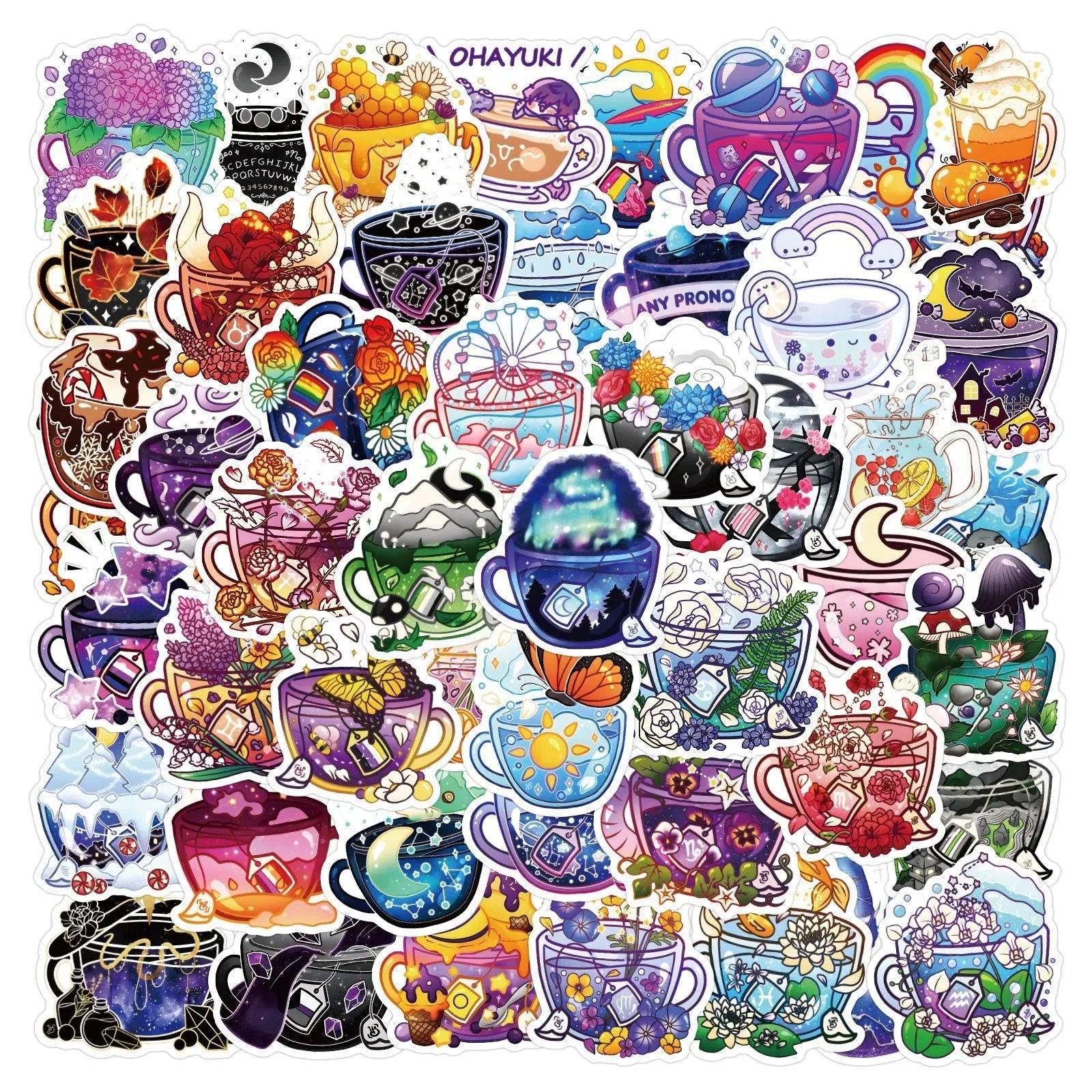 50 colourful tea cup graffiti waterproof stickers with Nordic style design for DIY luggage and scooter decoration