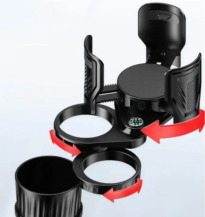 Carbon fibre black adjustable car cup holder with retractable base expanded to show size adjustment