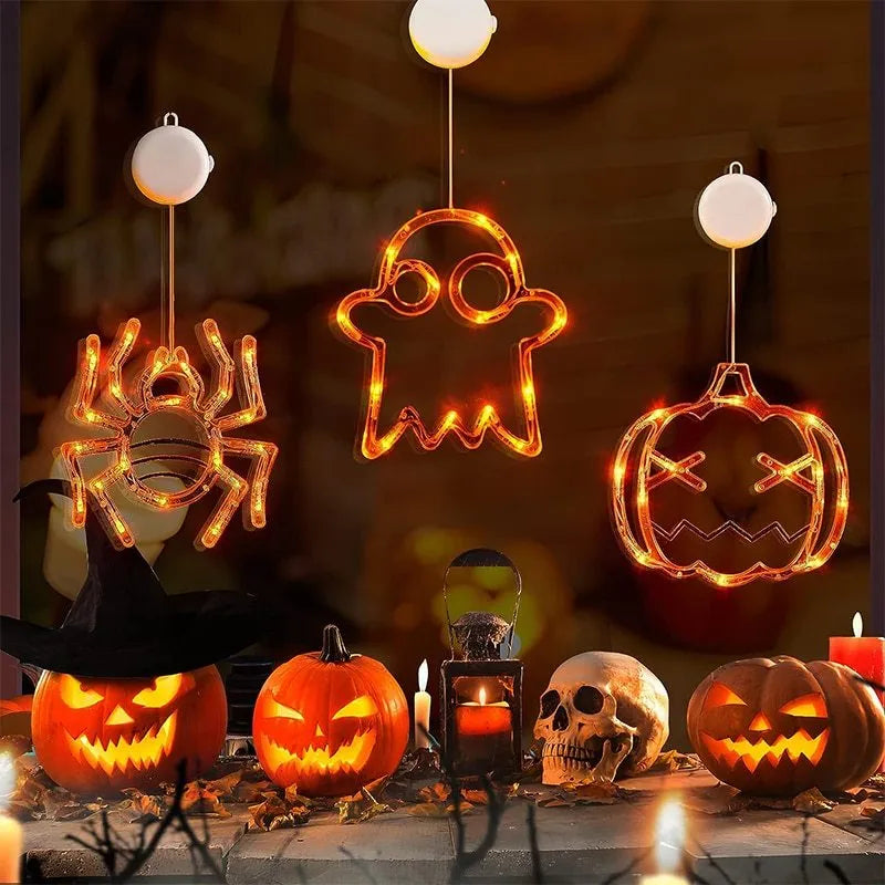 Halloween window hanging LED lights with spider pumpkin ghost designs and suction cup attachment