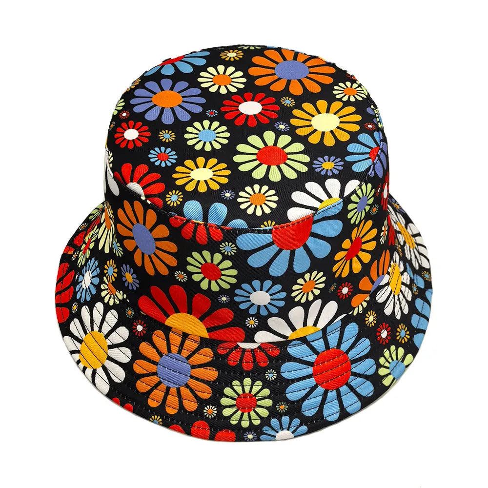 Floral pattern polyester bucket hat with dome crown in size M for sun protection