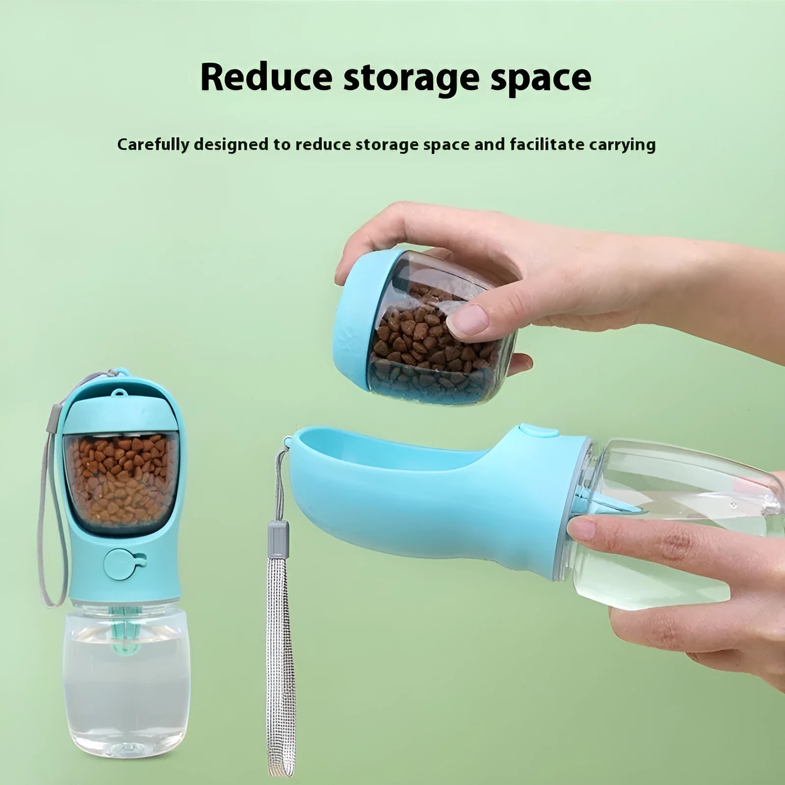 Blue dual-use dog drinking cup with split compartment for water and food.