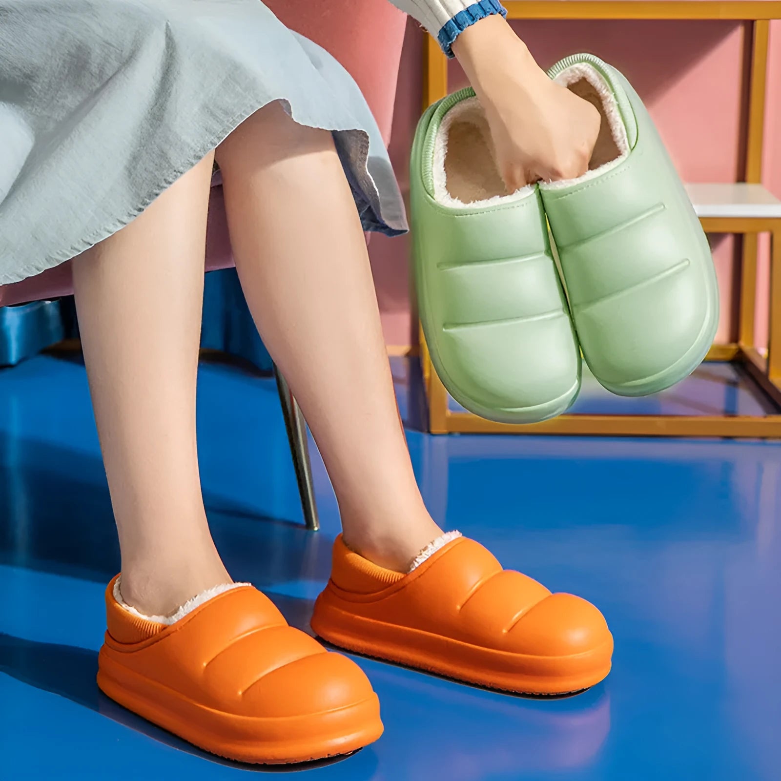 Couple cotton slippers in multiple colours with EVA waterproof construction and plush lining