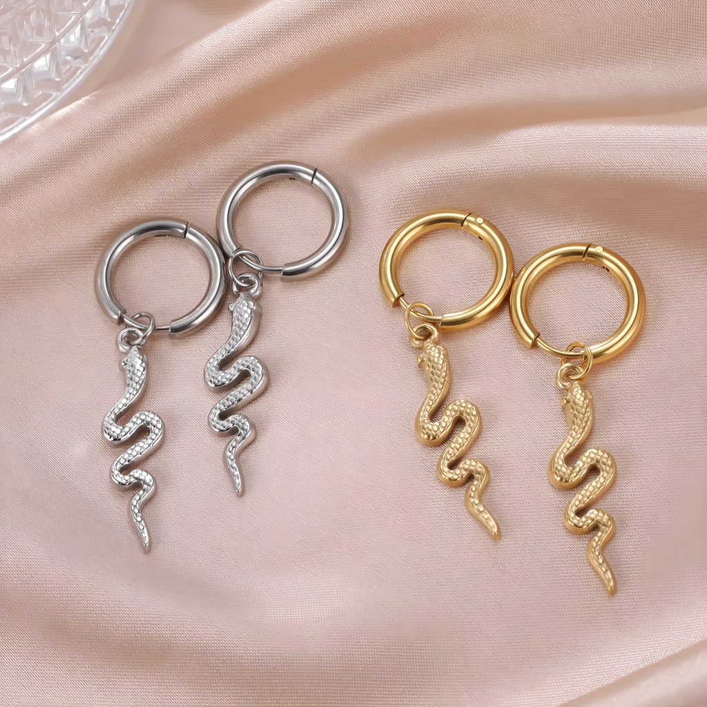 Gold or steel colour vintage snake-shaped stainless steel clip-on earrings