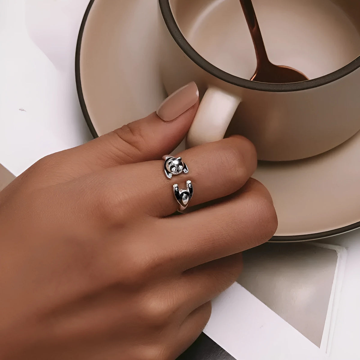 Adjustable panda open ring bracelet in sterling silver with white gold plating showing SCR969-E colour