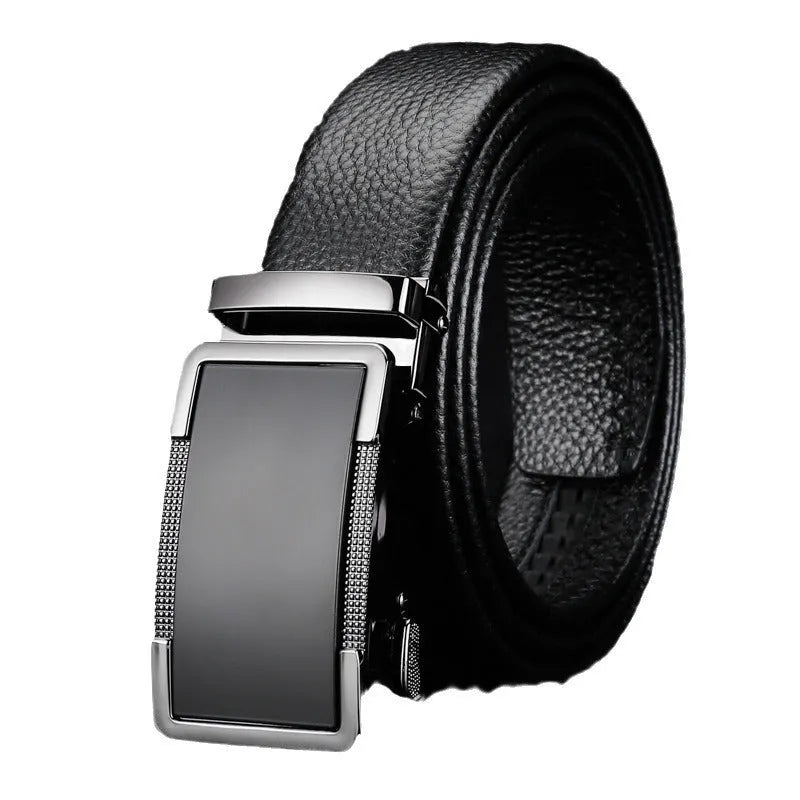 Men's leather belt with an automatic alloy buckle in a gun black electroplated finish.