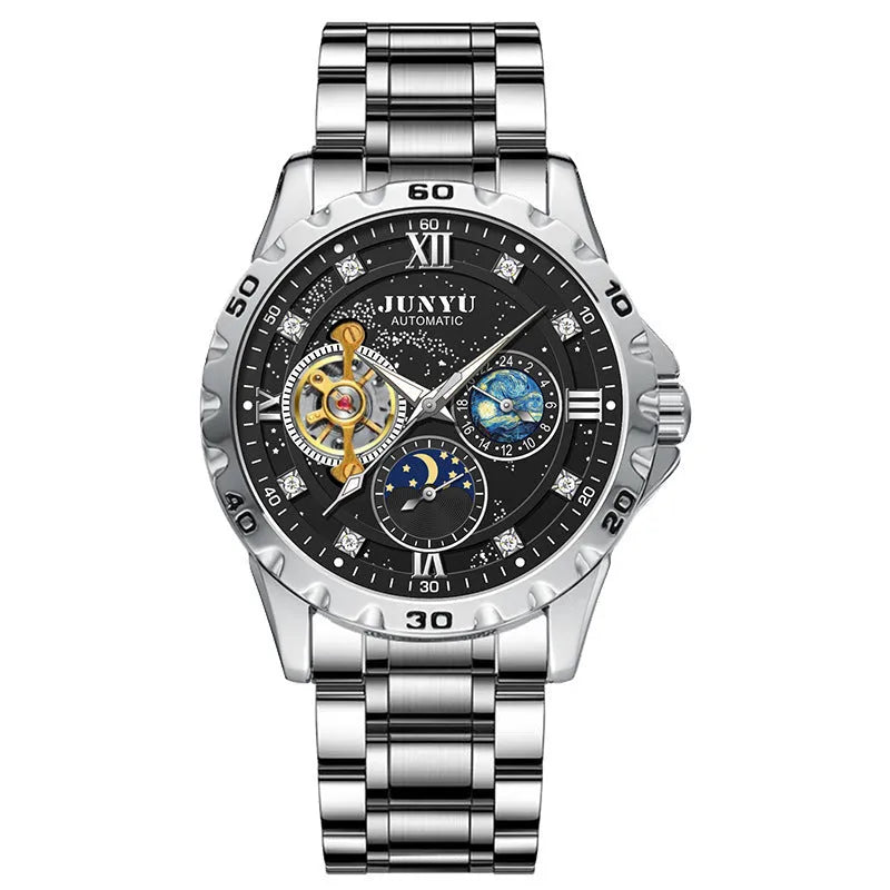 Automatic mechanical men's watch with luminous hands and waterproof case in rose gold black starry sky face option