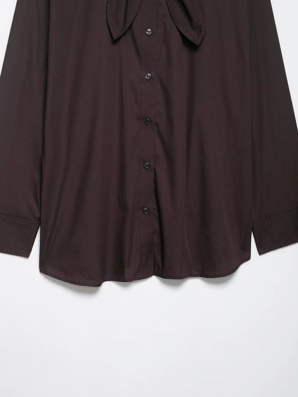 Brown women's poplin shirt with long sleeves and bow tie detail